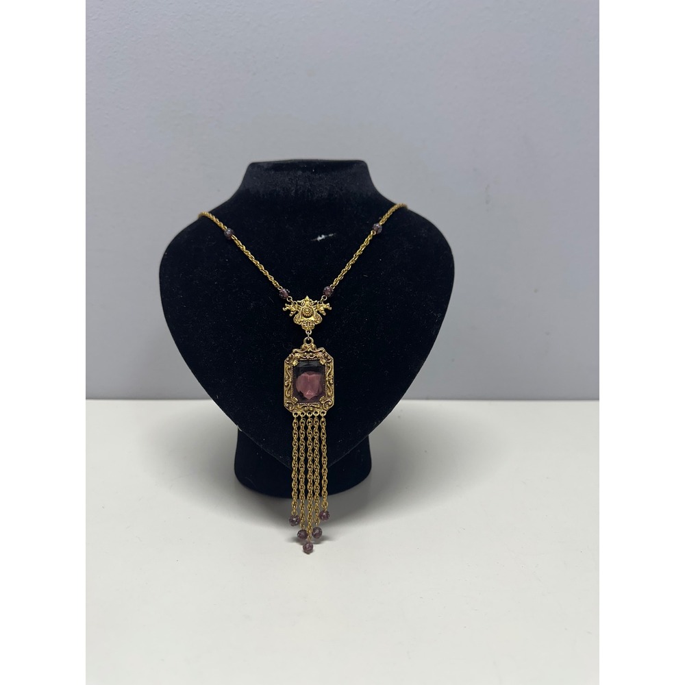 Vintage Gold Tone Purple Glass Filigree Tassel Pendant Necklace Barrel Clasp